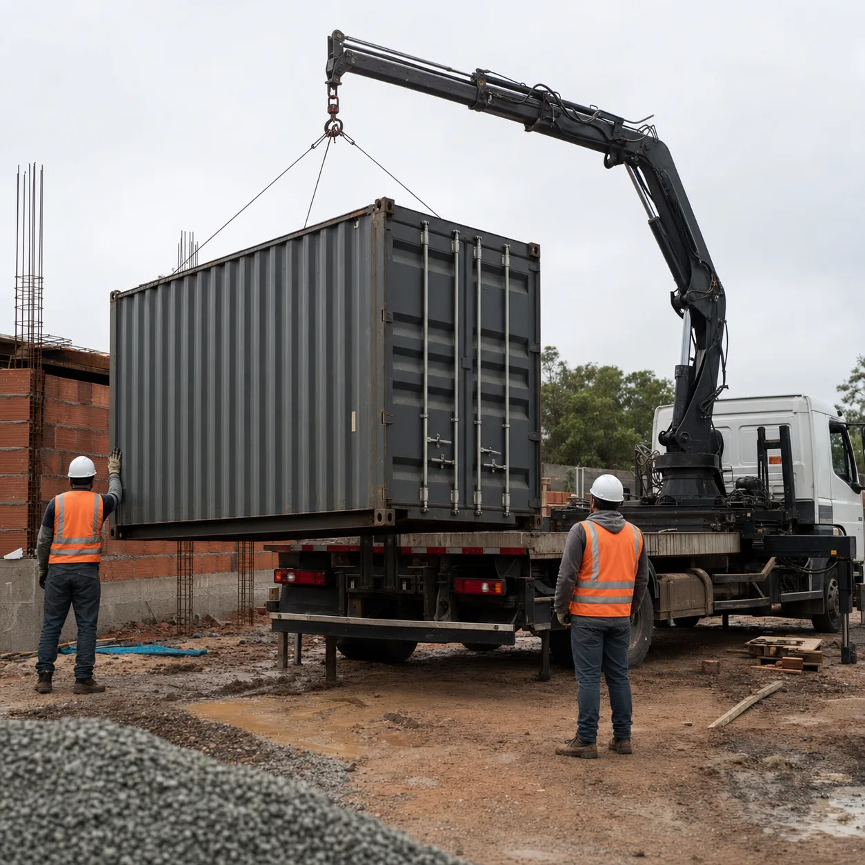 Caminhão munck descarregando container em obra