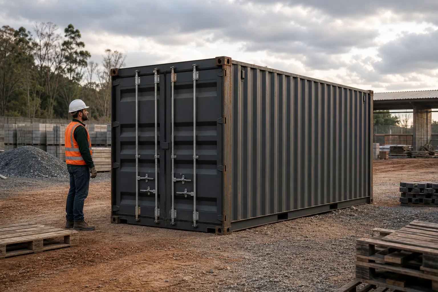 Container grafite com painel corten em lote ao pôr do sol
