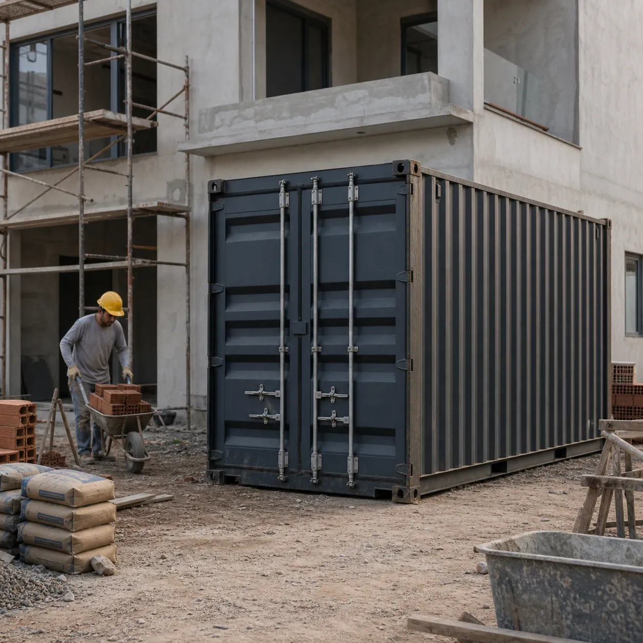 Container em canteiro de obra com materiais de reforma